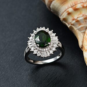D'Joy Chrome Diopside and Moissanite 3.60 ctw Starburst Ring in Rhodium Over Sterling Silver (Size 8.0)