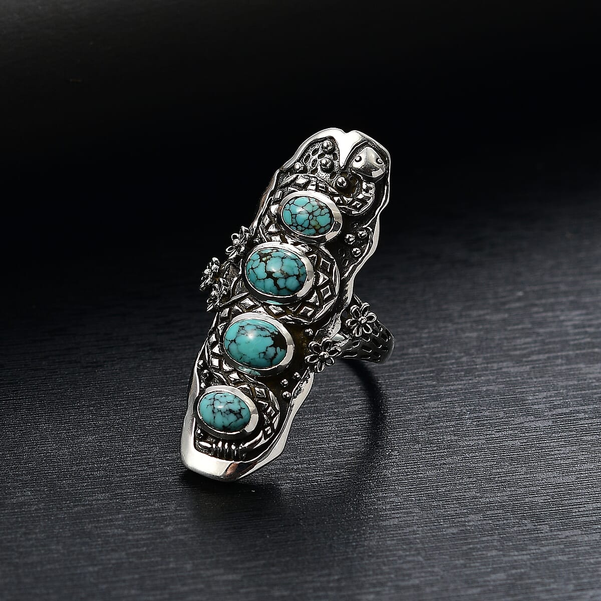 D'Joy Artisan Crafted Blue Moon Turquoise 2.80 ctw Snake and Flower Ring in Black Oxidized Sterling Silver (Size 5.0) image number 1
