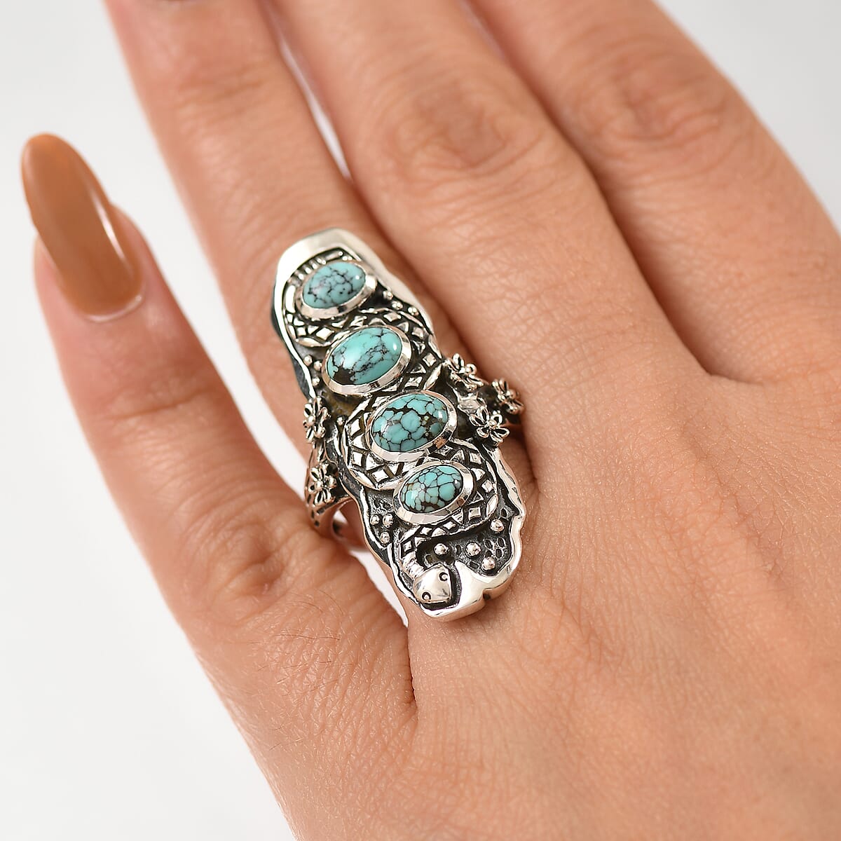 D'Joy Artisan Crafted Blue Moon Turquoise 2.80 ctw Snake and Flower Ring in Black Oxidized Sterling Silver (Size 5.0) image number 2