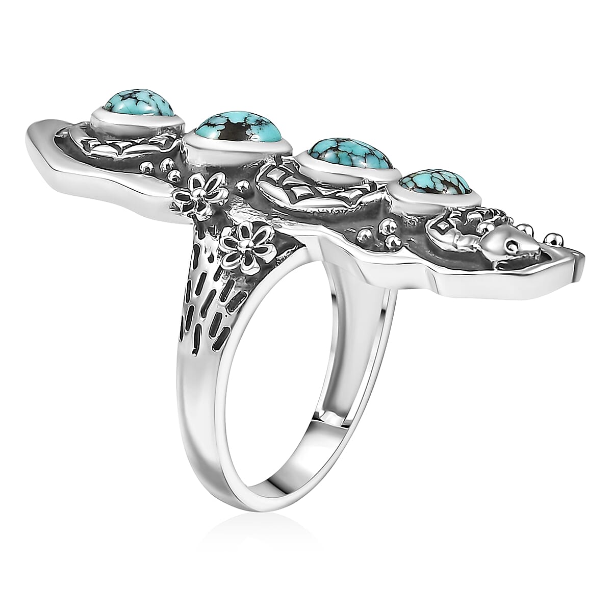 D'Joy Artisan Crafted Blue Moon Turquoise 2.80 ctw Snake and Flower Ring in Black Oxidized Sterling Silver (Size 5.0) image number 3