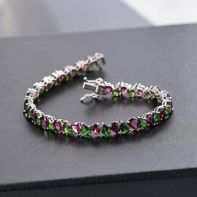 D'Joy Chrome Diopside and Orissa Rhodolite Garnet 19.90 ctw Leaves Bracelet in Rhodium Over Sterling Silver (7.25 In)