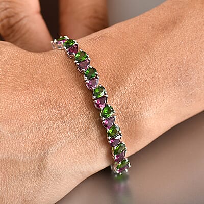 D'Joy Chrome Diopside and Orissa Rhodolite Garnet 19.90 ctw Leaves Bracelet in Rhodium Over Sterling Silver (7.25 In)