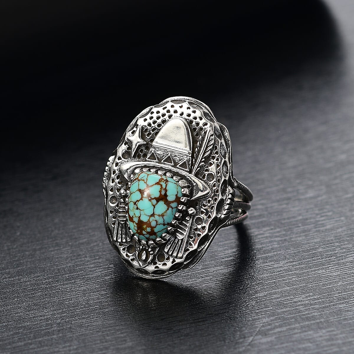 D'Joy Artisan Crafted Blue Moon Turquoise 2.50 ctw Cowboy Hat Ring in Black Oxidized Sterling Silver (Size 7.0) image number 1