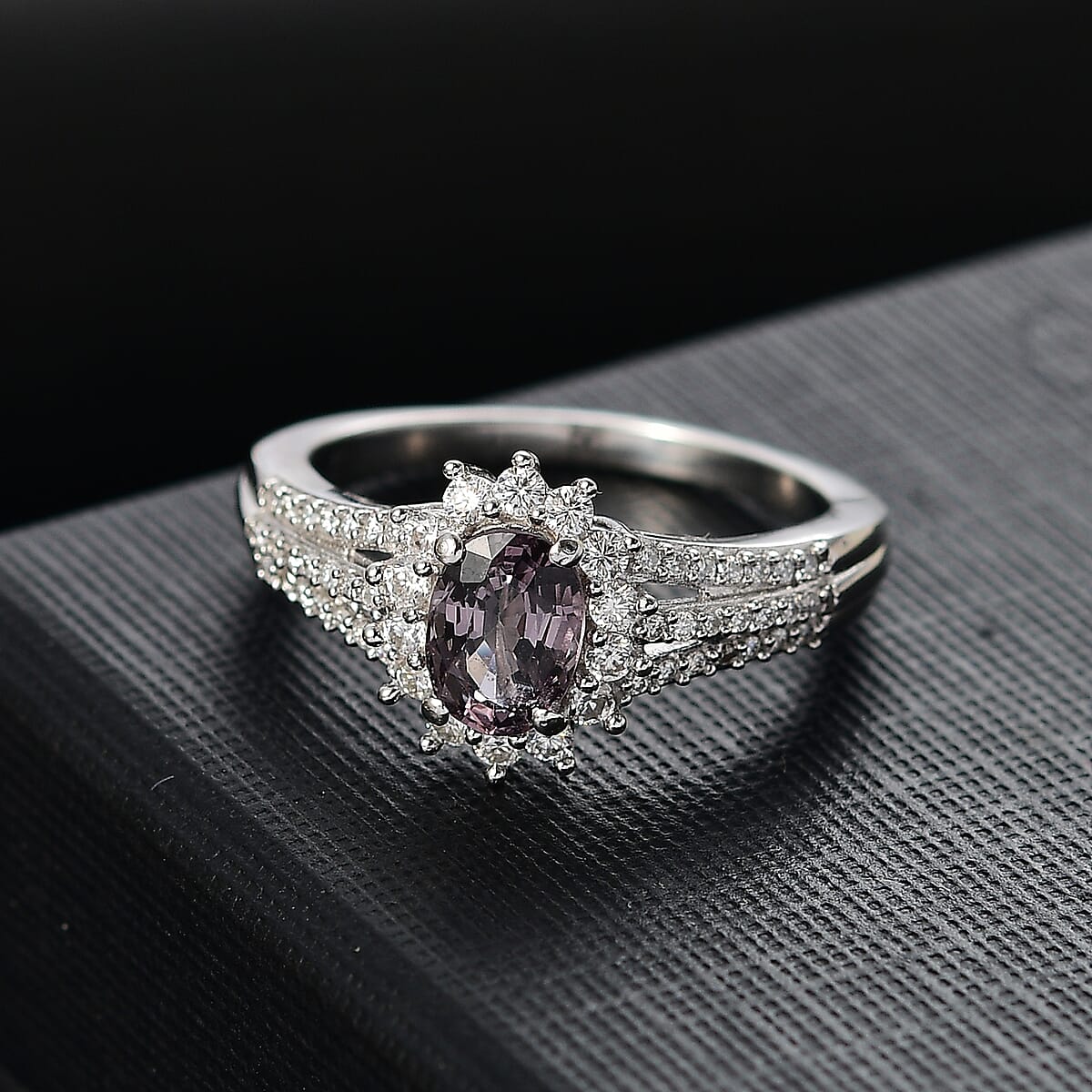 D'Joy Royal Lavender Spinel and Moissanite 1.60 ctw Classic Halo Ring in Rhodium Over Sterling Silver (Size 9.0) image number 1