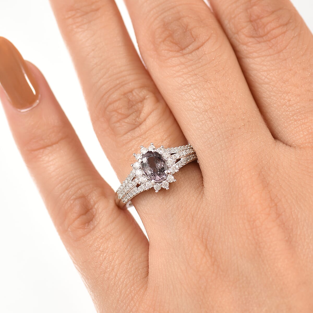 D'Joy Royal Lavender Spinel and Moissanite 1.60 ctw Classic Halo Ring in Rhodium Over Sterling Silver (Size 9.0) image number 2