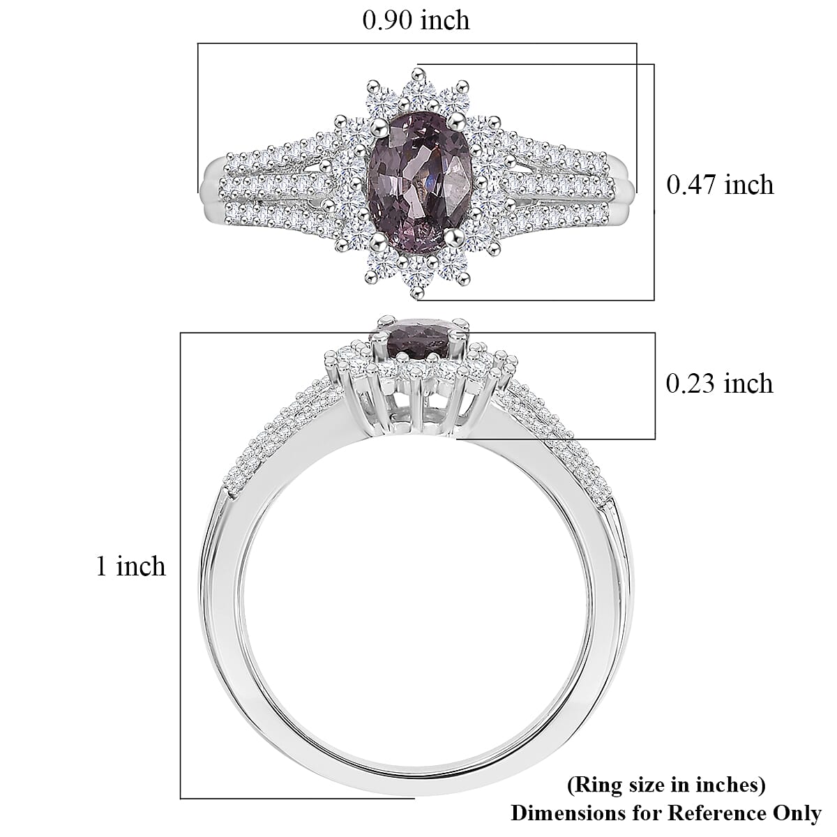 D'Joy Royal Lavender Spinel and Moissanite 1.60 ctw Classic Halo Ring in Rhodium Over Sterling Silver (Size 9.0) image number 5