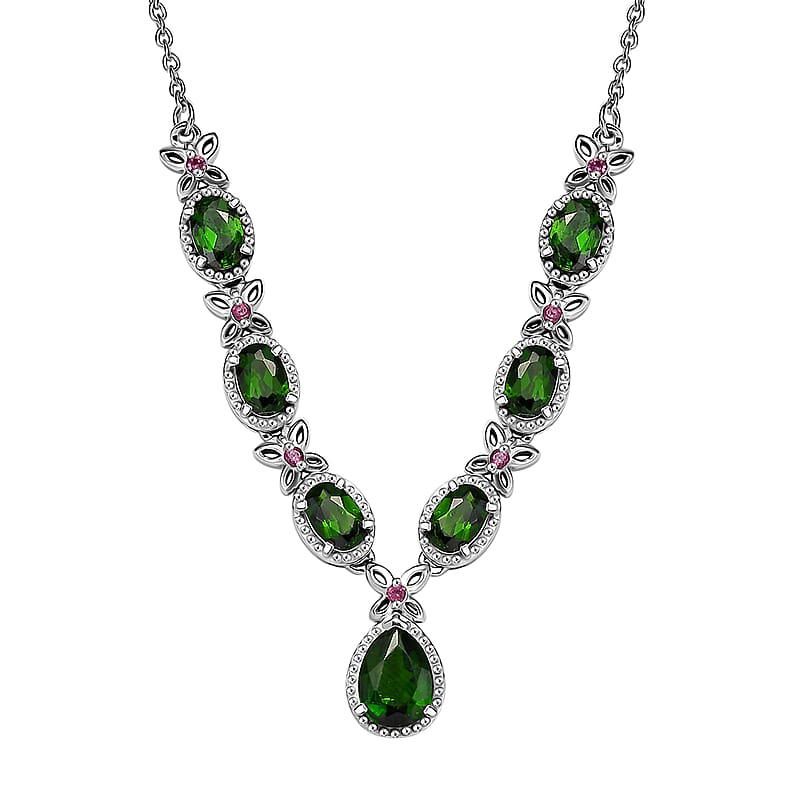 D'Joy Chrome Diopside and Orissa Rhodolite Garnet 4.20 ctw Butterfly Necklace in Rhodium Over Sterling Silver 18 Inches