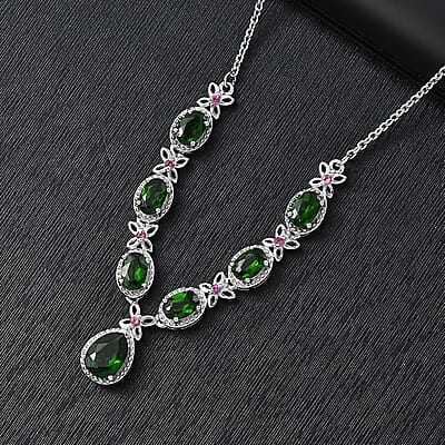 D'Joy Chrome Diopside and Orissa Rhodolite Garnet 4.20 ctw Butterfly Necklace in Rhodium Over Sterling Silver 18 Inches