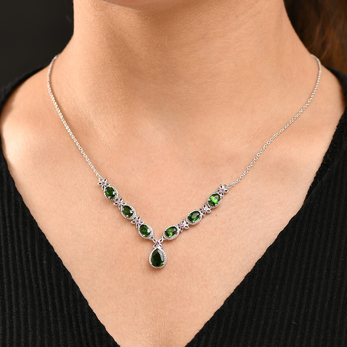 D'Joy Chrome Diopside and Orissa Rhodolite Garnet 4.20 ctw Butterfly Necklace in Rhodium Over Sterling Silver 18 Inches image number 2