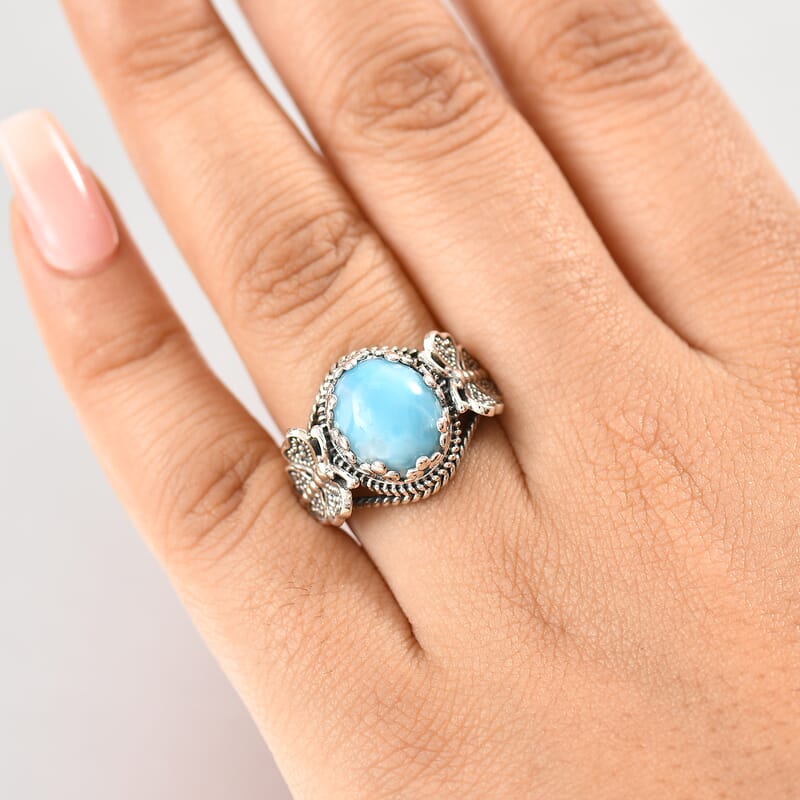 D'Joy Artisan Crafted Larimar 5.50 ctw Butterfly Ring in Black Oxidized Sterling Silver (Size 10.0)