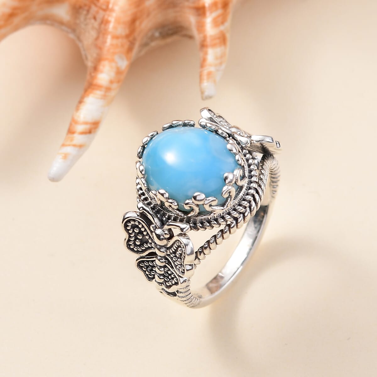 D'Joy Artisan Crafted Larimar 5.50 ctw Butterfly Ring in Black Oxidized Sterling Silver (Size 9.0) image number 1