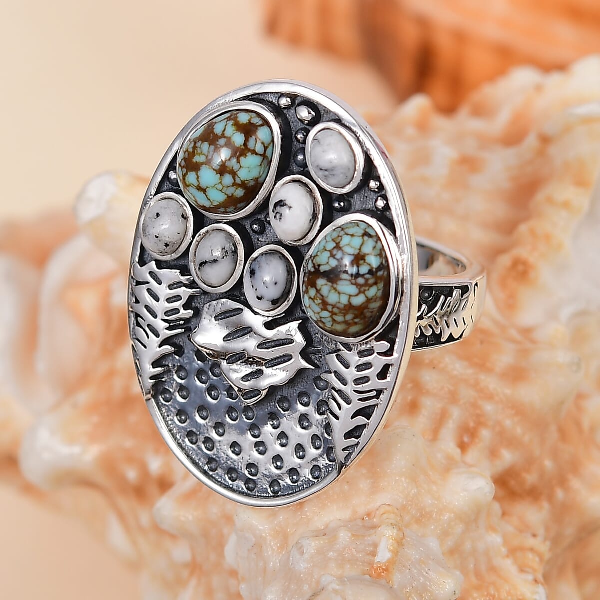 D'Joy Artisan Crafted White Buffalo and Blue Moon Turquoise 3.40 ctw Winter Howl Ring in Black Oxidized Sterling Silver (Size 10.0) image number 1