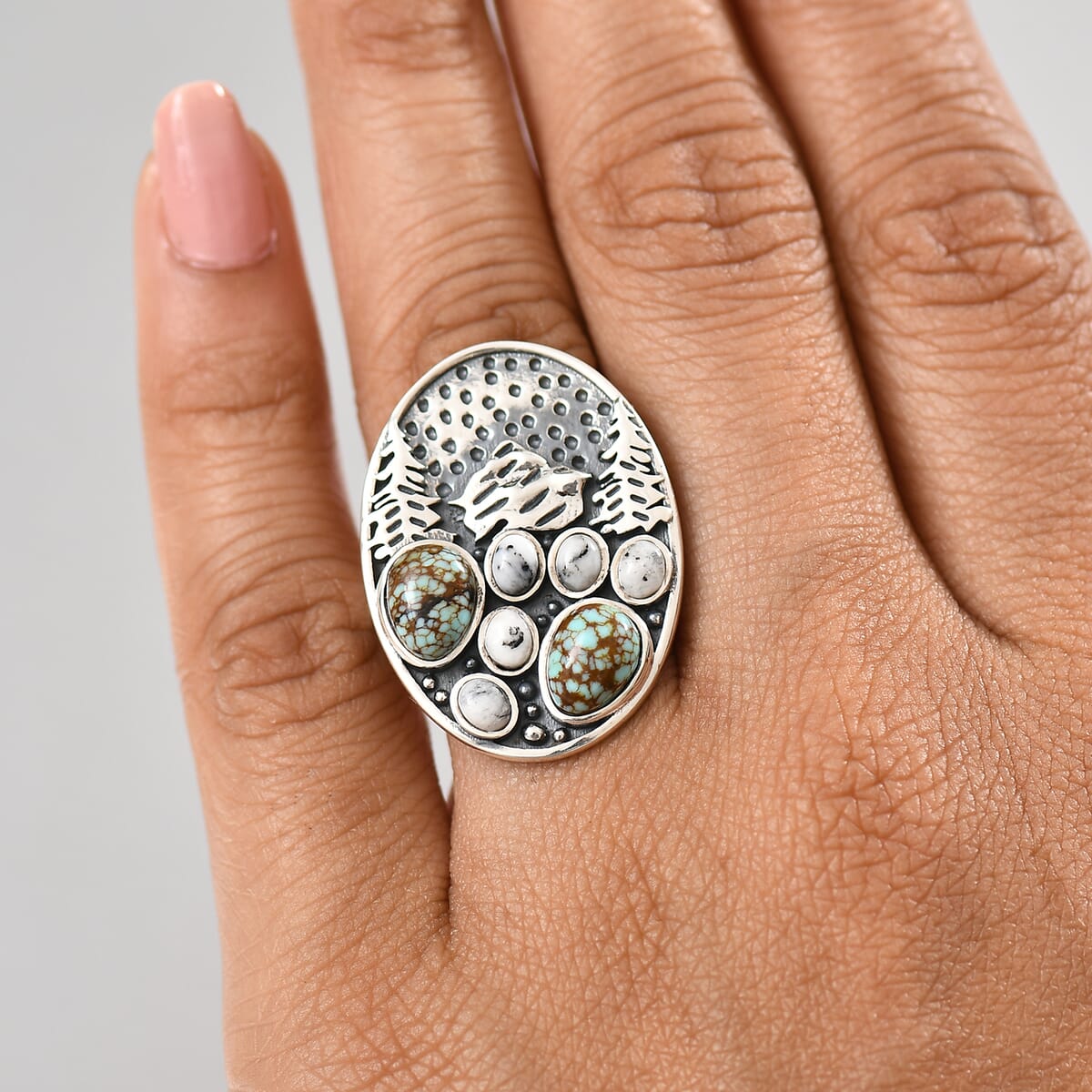 D'Joy Artisan Crafted White Buffalo and Blue Moon Turquoise 3.40 ctw Winter Howl Ring in Black Oxidized Sterling Silver (Size 10.0) image number 2