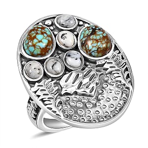 D'Joy Artisan Crafted White Buffalo and Blue Moon Turquoise 3.40 ctw Winter Howl Ring in Black Oxidized Sterling Silver (Size 6.0)