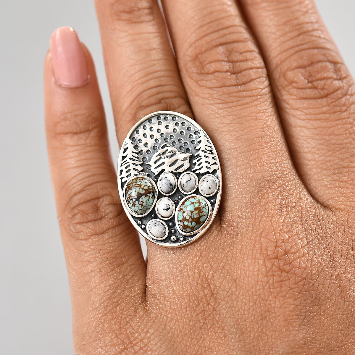 D'Joy Artisan Crafted White Buffalo and Blue Moon Turquoise 3.40 ctw Winter Howl Ring in Black Oxidized Sterling Silver (Size 6.0) image number 2