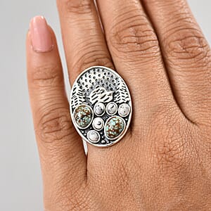 D'Joy Artisan Crafted White Buffalo and Blue Moon Turquoise 3.40 ctw Winter Howl Ring in Black Oxidized Sterling Silver (Size 6.0)