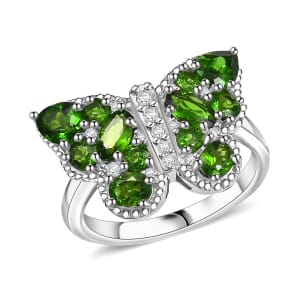 D'Joy Chrome Diopside and White Zircon 2.25 ctw Butterfly Ring in Rhodium Over Sterling Silver (Size 10.0)