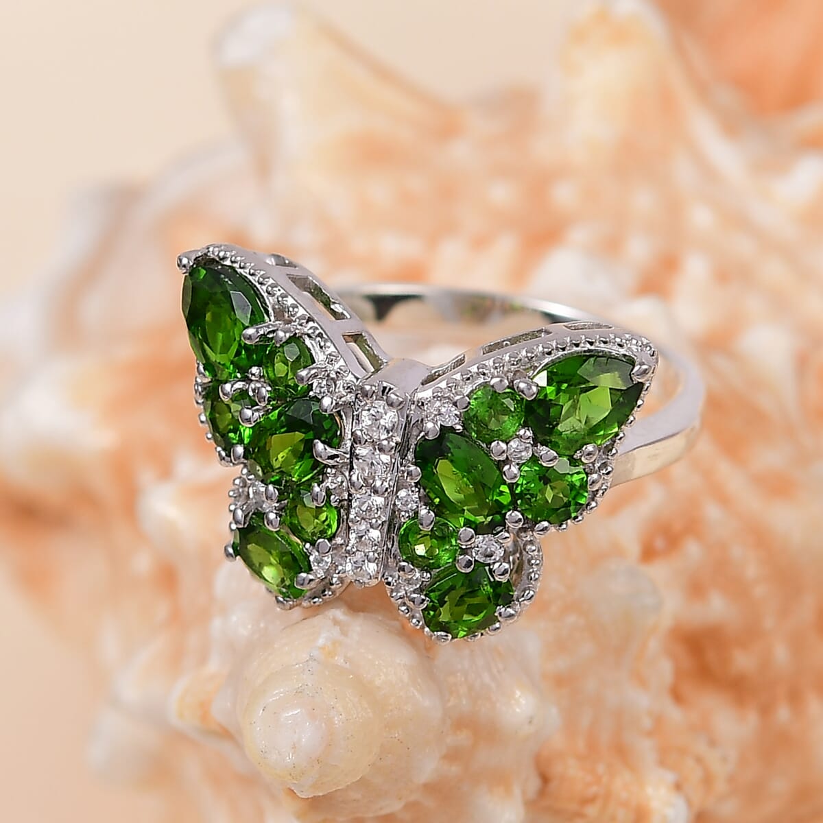 Chrome Diopside and White Zircon 2.25 ctw Butterfly Ring in Rhodium Over Sterling Silver image number 1