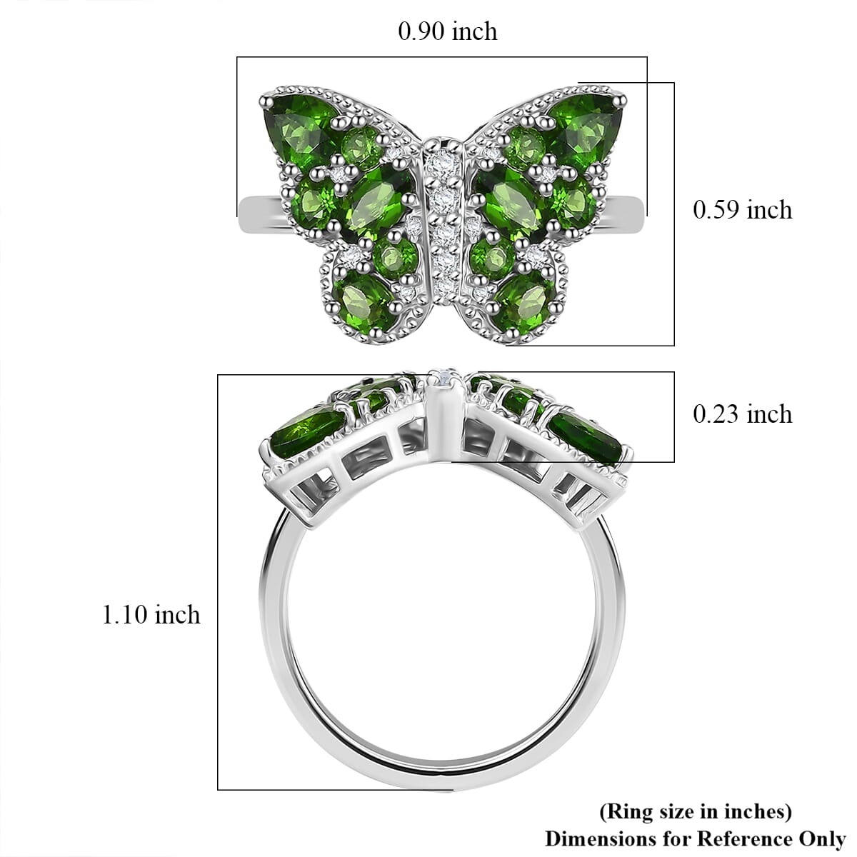 Chrome Diopside and White Zircon 2.25 ctw Butterfly Ring in Rhodium Over Sterling Silver image number 5