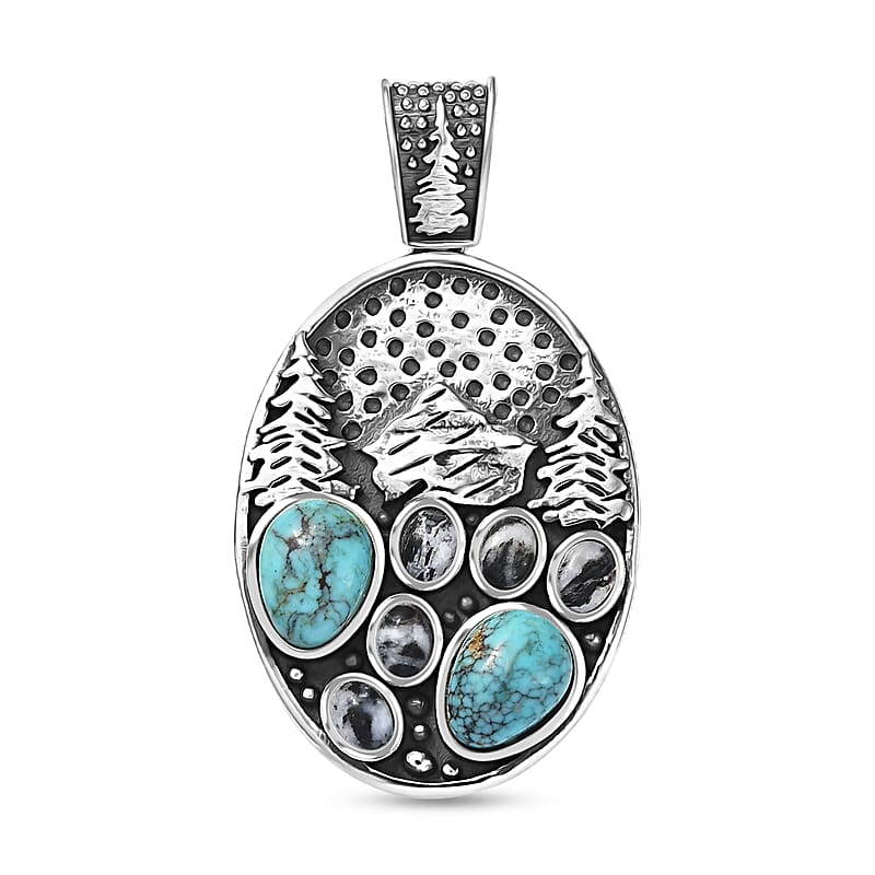 D'Joy Artisan Crafted White Buffalo and Blue Moon Turquoise 3.35 ctw Winter Howl Pendant without Chain in Black Oxidized Sterling Silver