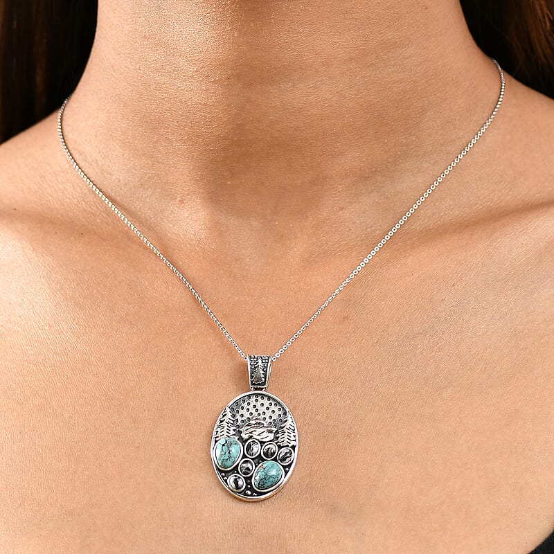 D'Joy Artisan Crafted White Buffalo and Blue Moon Turquoise 3.35 ctw Winter Howl Pendant without Chain in Black Oxidized Sterling Silver