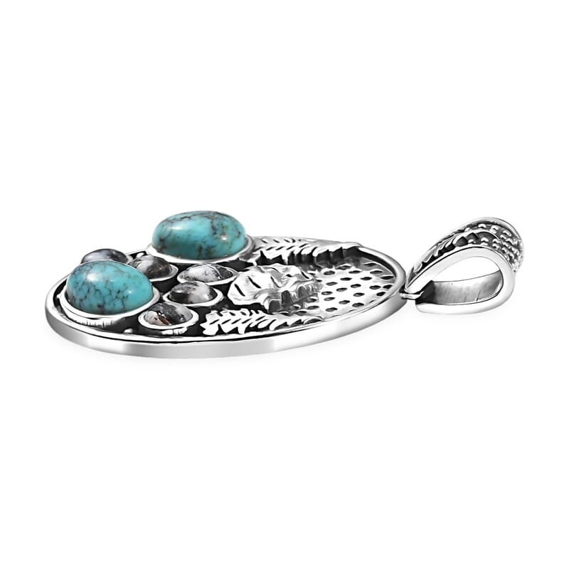 D'Joy Artisan Crafted White Buffalo and Blue Moon Turquoise 3.35 ctw Winter Howl Pendant without Chain in Black Oxidized Sterling Silver