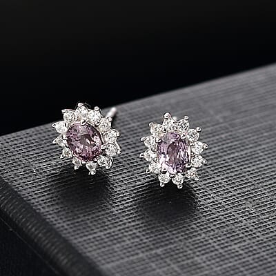 D'Joy Royal Lavender Spinel and White Zircon 1.30 ctw Floral Earrings in Rhodium Over Sterling Silver