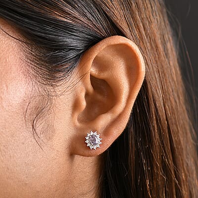 D'Joy Royal Lavender Spinel and White Zircon 1.30 ctw Floral Earrings in Rhodium Over Sterling Silver