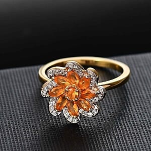 Fire Opal and White Zircon0.95 ctw Cluster Ring in 14K YG Over Sterling Silver (Size 10)