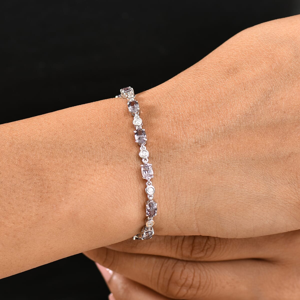 Royal Lavender Spinel and Luxuriant Lab Grown Diamond G-H SI 7.80 ctw Lilac Vines Bracelet in Rhodium Over Sterling Silver (6.50 In) image number 2