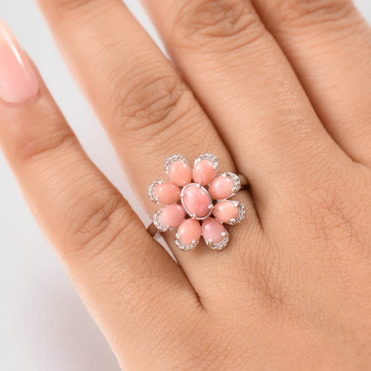 D'Joy Oregon Peach Opal 2.75 ctw Floral Ring in Rhodium Over Sterling Silver (Size 10.0) image number 2