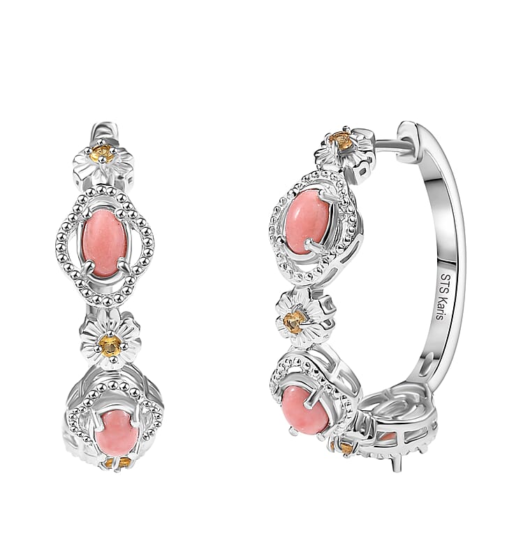 Karis Oregon Peach Opal and Brazilian Citrine 1.40 ctw Floral Hoop Earrings in Patinum Bond