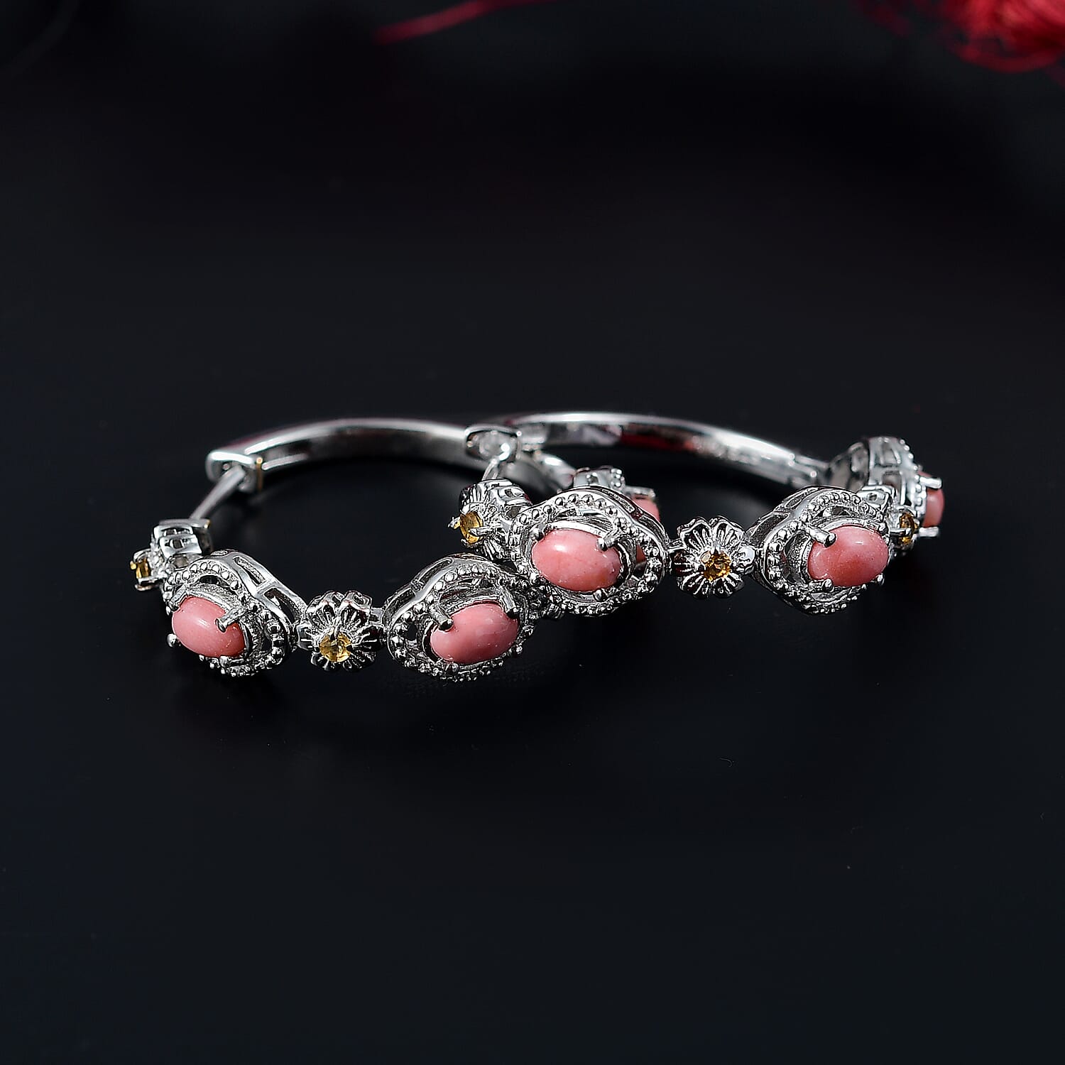 Karis Oregon Peach Opal and Brazilian Citrine 1.40 ctw Floral Hoop Earrings in Patinum Bond