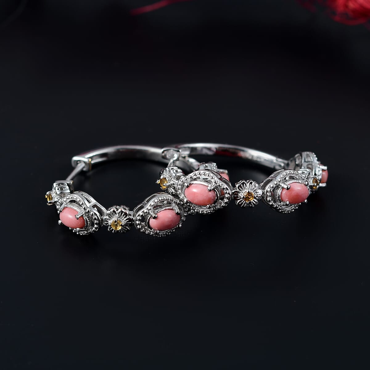 Karis Oregon Peach Opal and Brazilian Citrine 1.40 ctw Floral Hoop Earrings in Patinum Bond image number 1