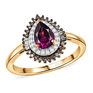 D'Joy AAA Radiant Ember Garnet, Natural Champagne and White Diamond 1.10 ctw Royal Luxe Ring in 18K Vermeil Yellow Gold Over Sterling Silver (Size 8.0)