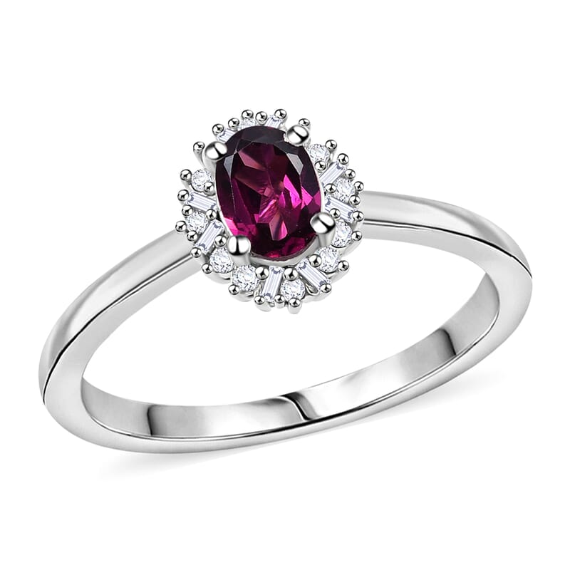 D'Joy AAA Radiant Ember Garnet and Diamond 0.65 ctw Royal Twilight Ring in Rhodium Over Sterling Silver (Size 10.0)