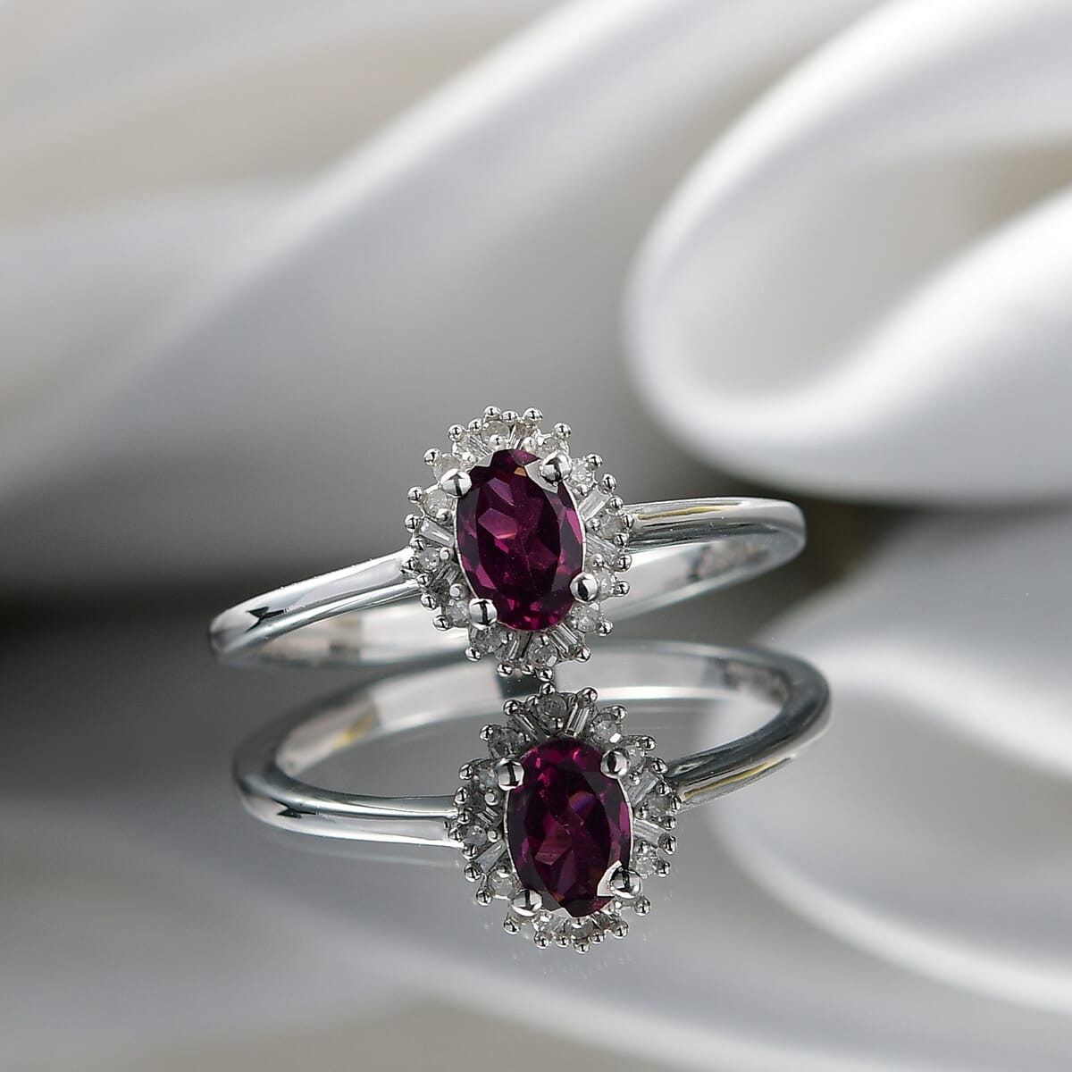 D'Joy AAA Radiant Ember Garnet and Diamond 0.65 ctw Royal Twilight Ring in Rhodium Over Sterling Silver (Size 10.0) image number 1