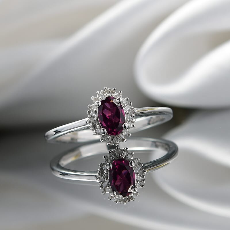 D'Joy AAA Radiant Ember Garnet and Diamond 0.65 ctw Royal Twilight Ring in Rhodium Over Sterling Silver (Size 10.0)