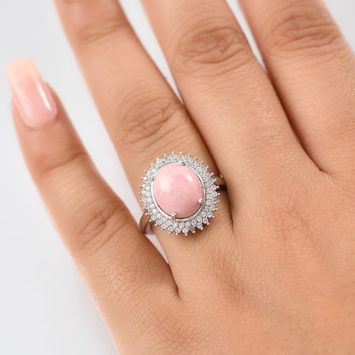 D'Joy Oregon Peach Opal and White Zircon 4.15 ctw Sunburst Ring in Platinum Over Sterling Silver (Size 9.0) image number 2