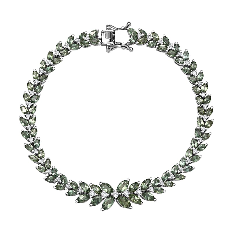 D'Joy Premium Malagasy Pine Apatite and White Zircon 10.65 ctw Whispering Leaves Bracelet in Rhodium Over Sterling Silver (7.25 In)