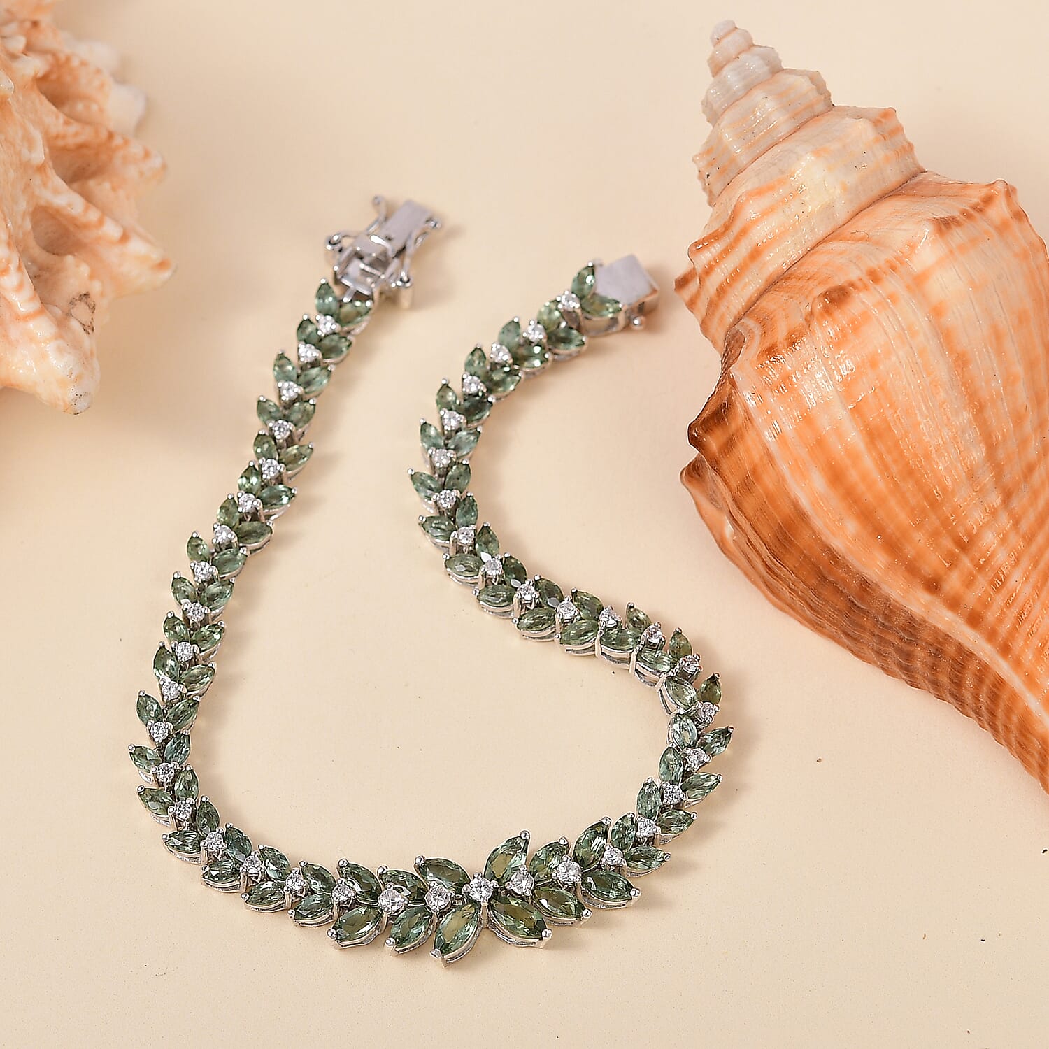D'Joy Premium Malagasy Pine Apatite and White Zircon 10.20 ctw Whispering Leaves Bracelet in Rhodium Over Sterling Silver (6.50 In)