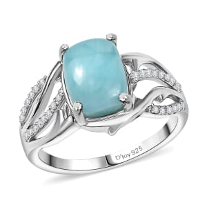D'Joy Premium Larimar and White Zircon 2.90 ctw Ocean wave Ring in Rhodium Over Sterling Silver (Size 10.0)