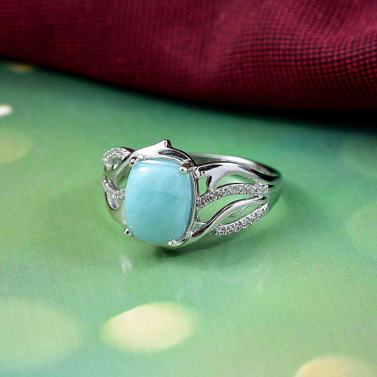 D'Joy Premium Larimar and White Zircon 2.90 ctw Ocean wave Ring in Rhodium Over Sterling Silver (Size 5.0) image number 1