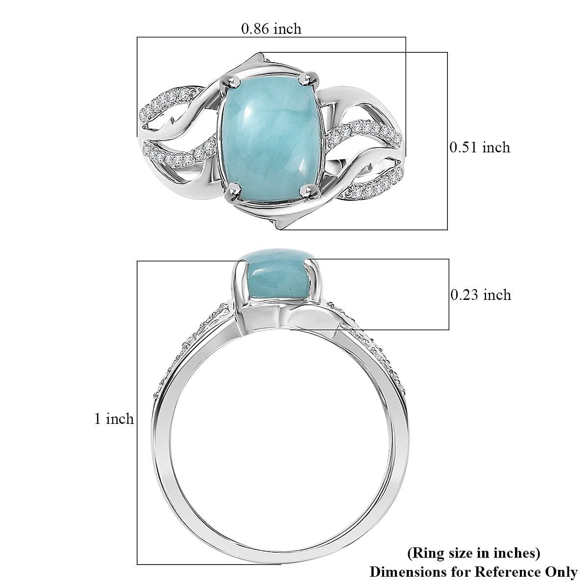 D'Joy Premium Larimar and White Zircon 2.90 ctw Ocean wave Ring in Rhodium Over Sterling Silver (Size 5.0) image number 5