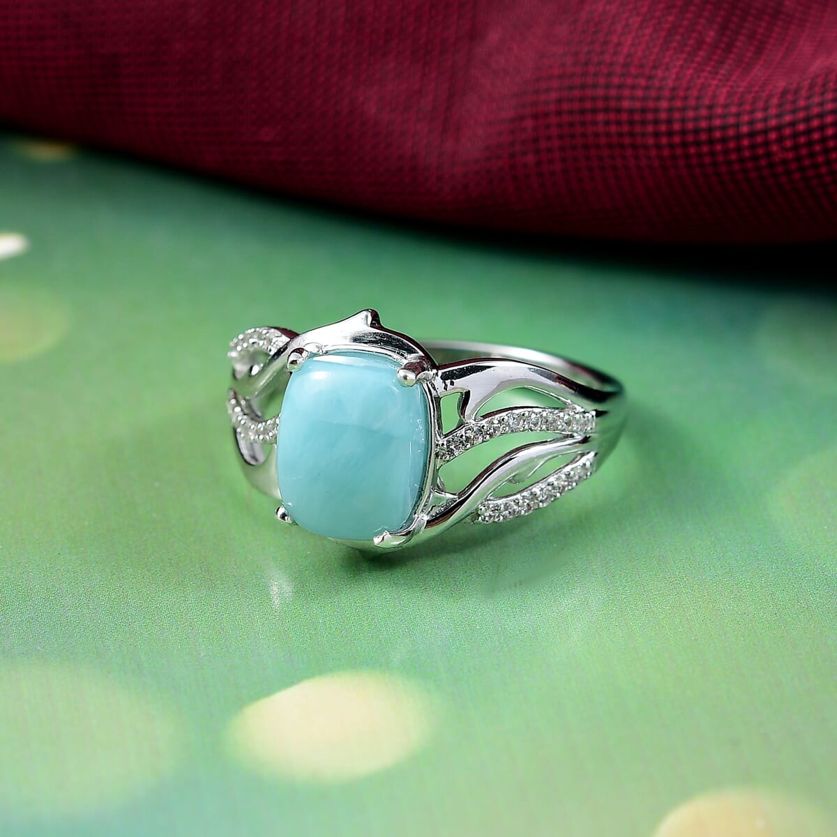 D'Joy Premium Larimar and White Zircon 2.90 ctw Ocean wave Ring in Rhodium Over Sterling Silver (Size 7.0) image number 1