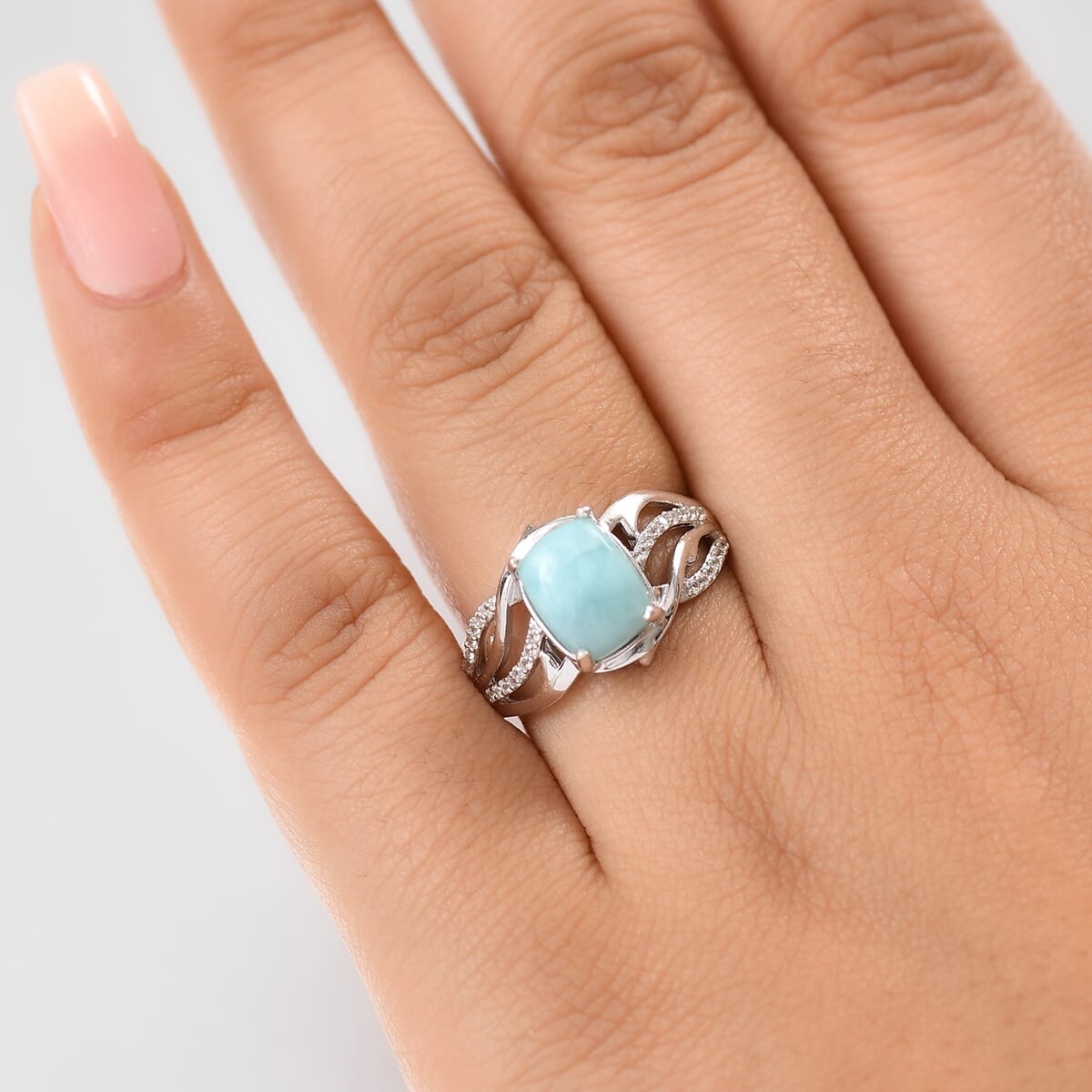 D'Joy Premium Larimar and White Zircon 2.90 ctw Ocean wave Ring in Rhodium Over Sterling Silver (Size 7.0) image number 2
