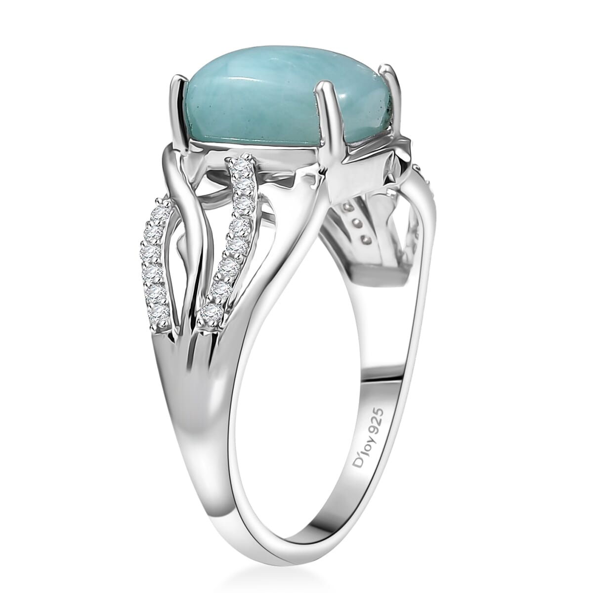 D'Joy Premium Larimar and White Zircon 2.90 ctw Ocean wave Ring in Rhodium Over Sterling Silver (Size 7.0) image number 3
