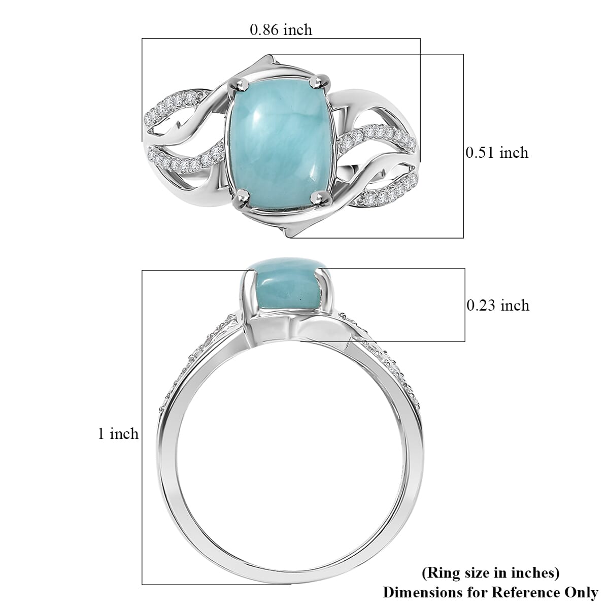 D'Joy Premium Larimar and White Zircon 2.90 ctw Ocean wave Ring in Rhodium Over Sterling Silver (Size 7.0) image number 5