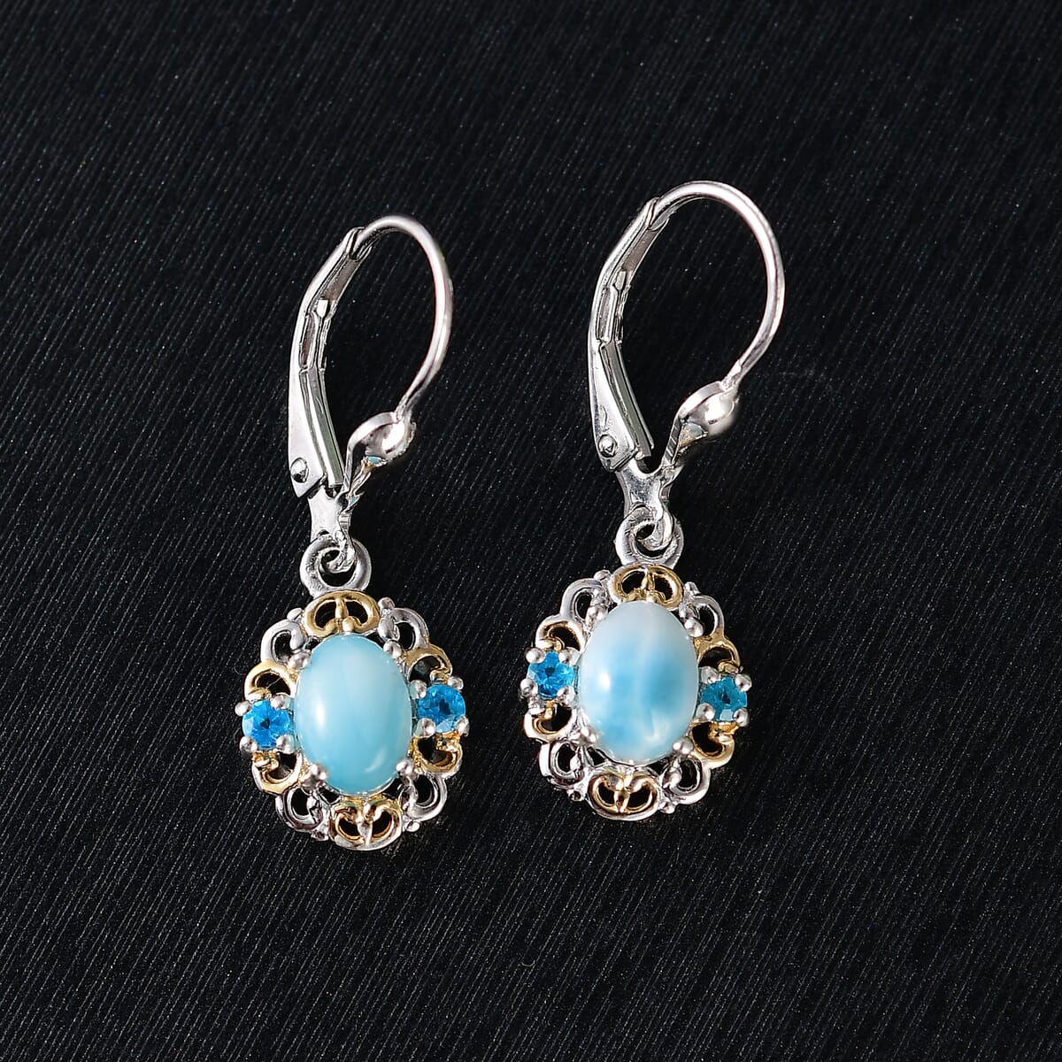 D'Joy Premium Larimar and Malgache Neon Apatite 2.15 ctw Filigree Earrings in 18K Vermeil YG and Rhodium Over Sterling Silver image number 1