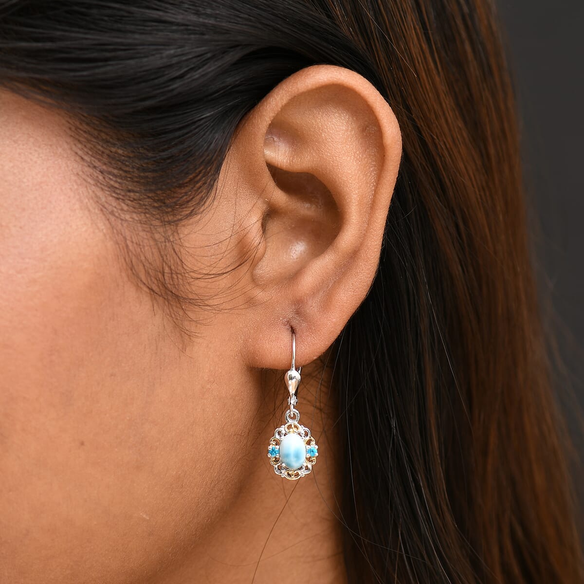 D'Joy Premium Larimar and Malgache Neon Apatite 2.15 ctw Filigree Earrings in 18K Vermeil YG and Rhodium Over Sterling Silver image number 2
